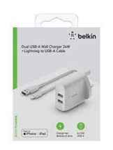 شارژ دیواری سه پین با دوخروجی و کابل لایتنیک 1 متر-Belkin Boost Charge Dual USB-A Wall Charger 24W + lm USB-A To Lightning Cable - White