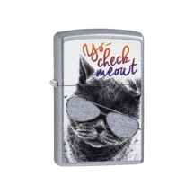  فندک زیپو مدل Zippo Cat With Glasses Design کد 29619 207 ا Zippo Reg Brush Fin CHROME Lighter 29619 207 Lighter