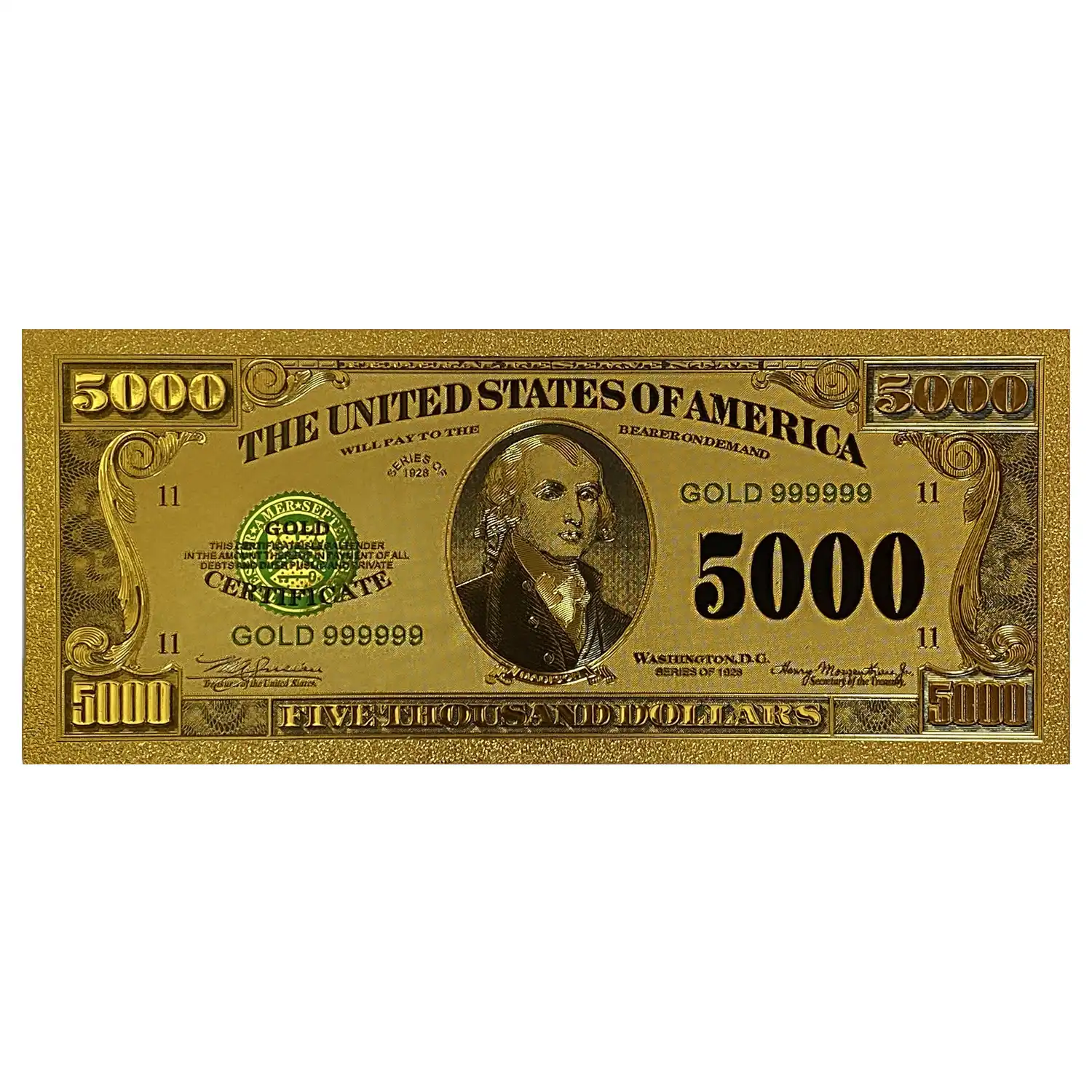 اسکناس 5000 دلار آمریکا روکش آب طلا