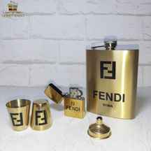  ست فلاسک استیل 2 شات فندک دار بنزینی مدل FENDI طلایی
