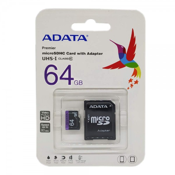  کارت حافظه microsdxc ای دیتا مدل adata premier کلاس 10 استاندارد uhs i u1 سرعت 80 mbps ظرفیت 64 گیگابایت به همراه اداپتور sd ا ADATA Premier microSDHC 64GB 80MB/s UHS-I V10 U1 Class10
