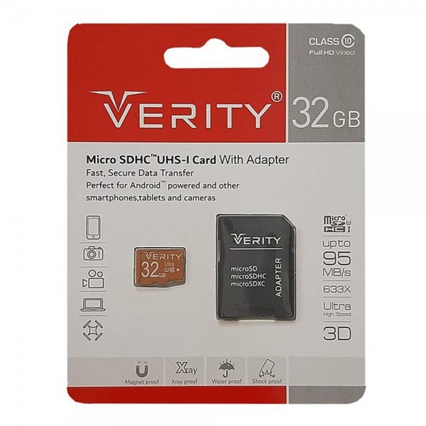  کارت حافظه‌ microSDHC وریتی مدل Verity کلاس 10 استاندارد UHS-I U1 سرعت 95 MBps ظرفیت 32 گیگابایت به همراه آداپتور SD ا VERITY microSDHC 32GB 95MB/s UHS-I V10 U1 Class10