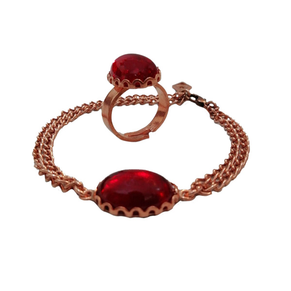  ست دستبند و انگشتر مسی زنانه زنجیری تک نگین قرمز کد 2.JW178